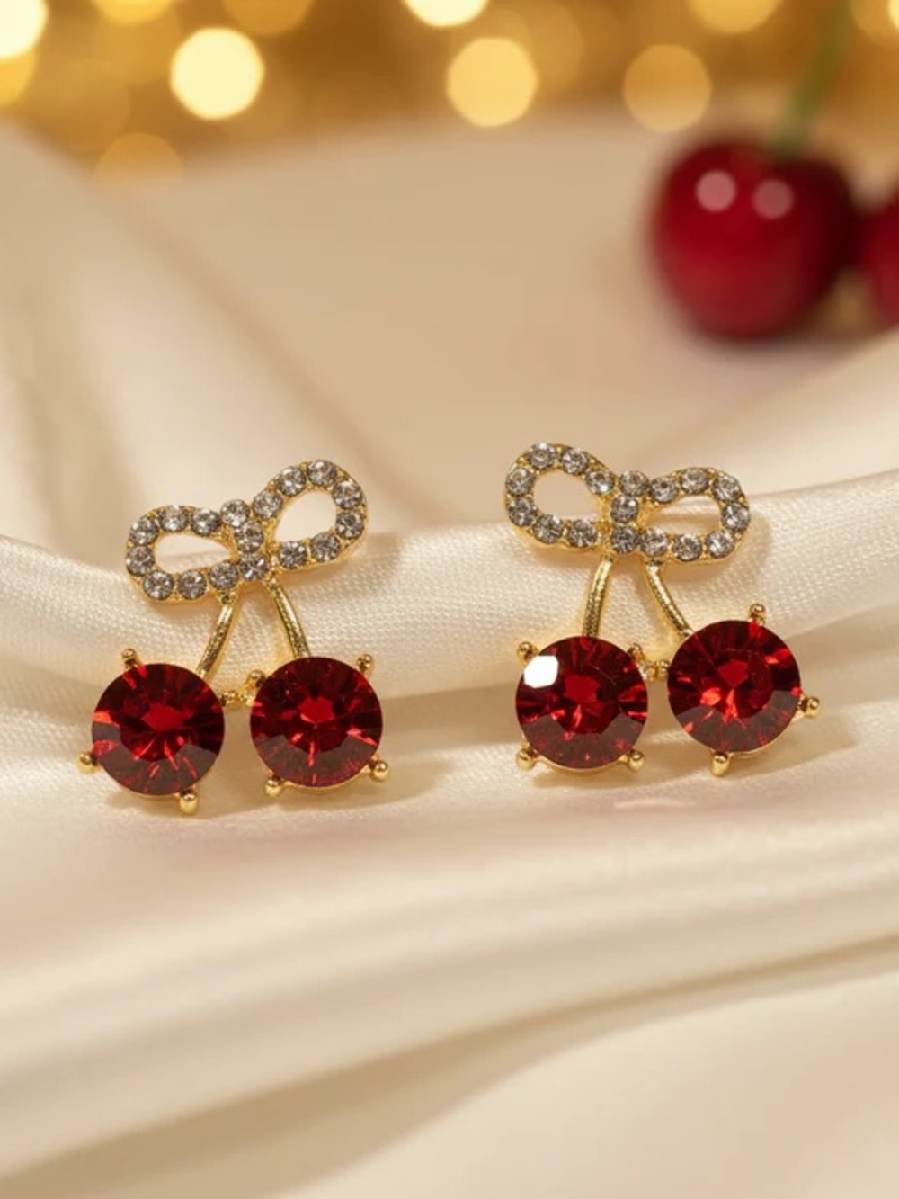 Gold Cherry Crystal Stud Earrings with Red Stones